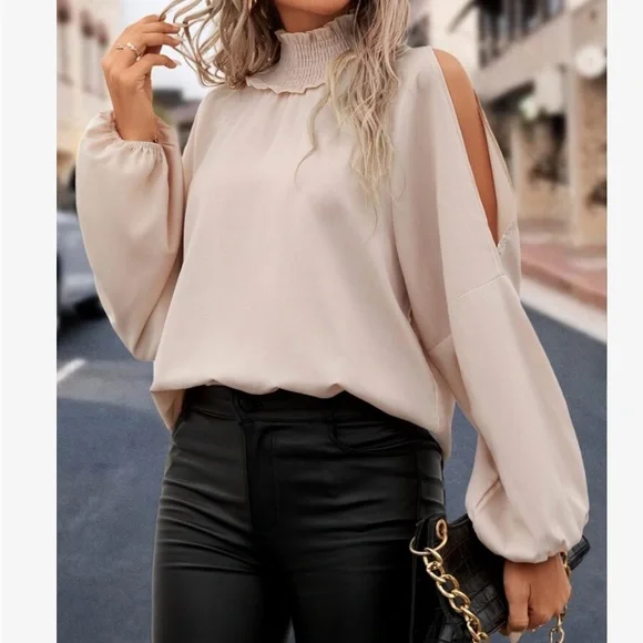 Elegant Smocked Mock Neck Cut Out Cold Shoulder Top Blouse Shirt - Picture 6 of 7